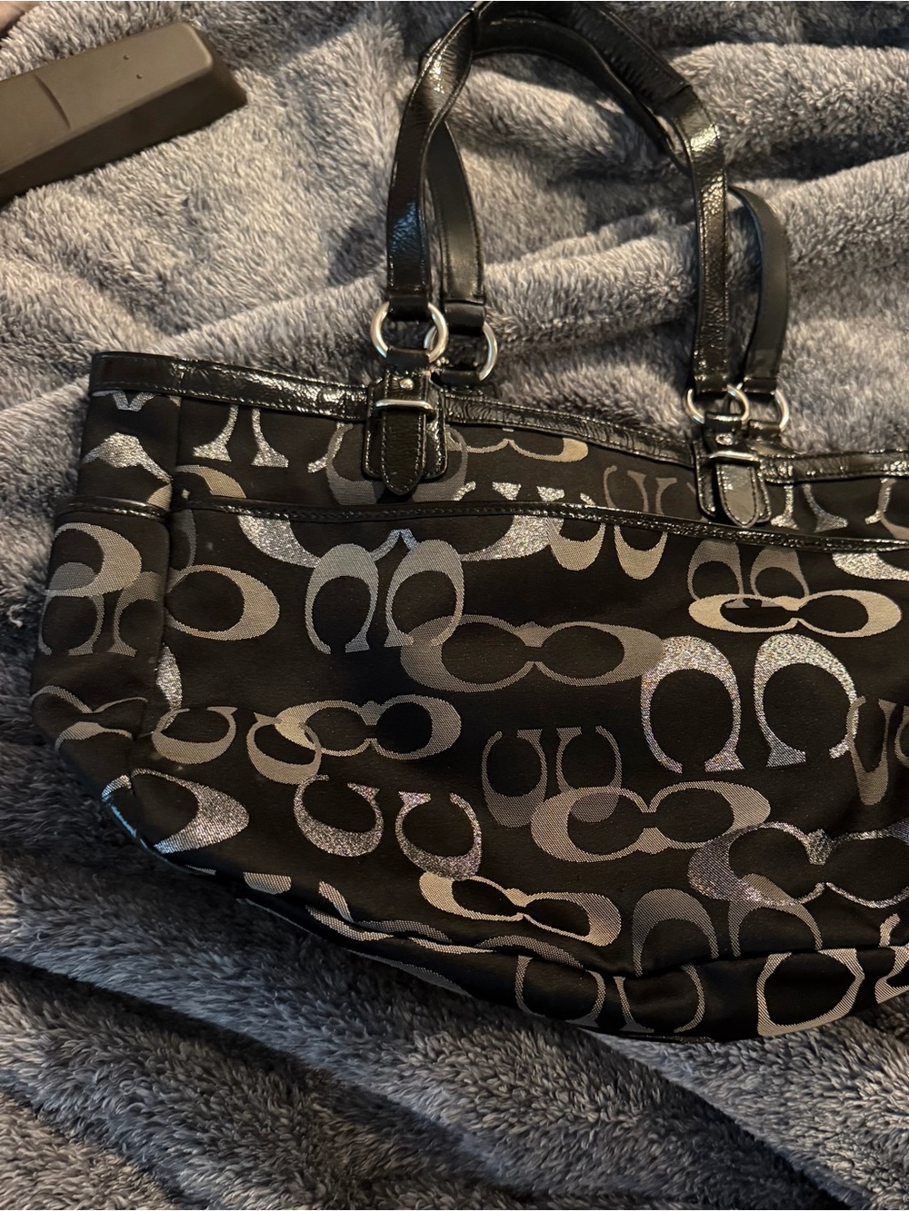 Coach Black Tote with Silver Signature Print